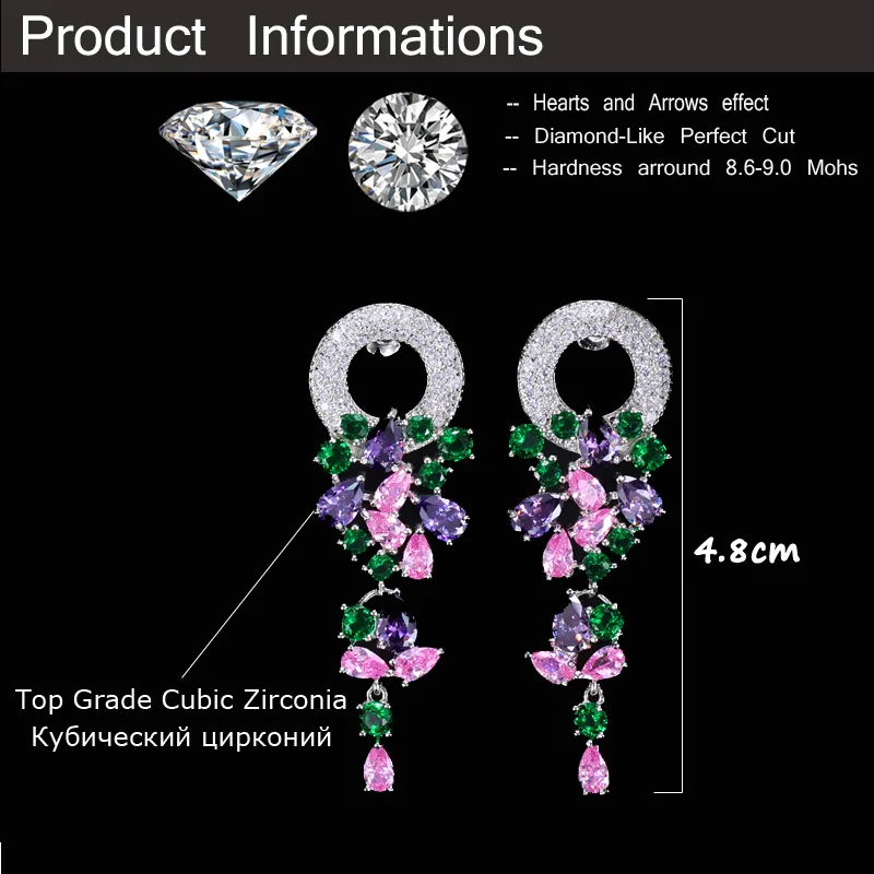 CWWZircons Fashion Laides Costume Jewelry Silver Color Beautiful Long Dangle Drop Multicolored CZ Earrings for Women CZ096