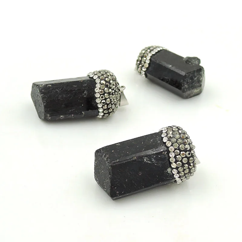 

Natural Black Tourmaline Hexagon Pillar Point Pendant With Top CZ-paved Platina Plated Approx 30mm