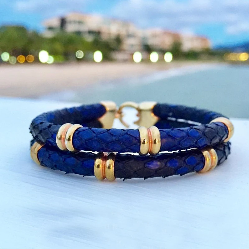 

BC Fashion 5mm Blue Python Snake Leather Bracelets&bangles with Rose Stainless Steel Buckle Drop shipping men leather jewelry