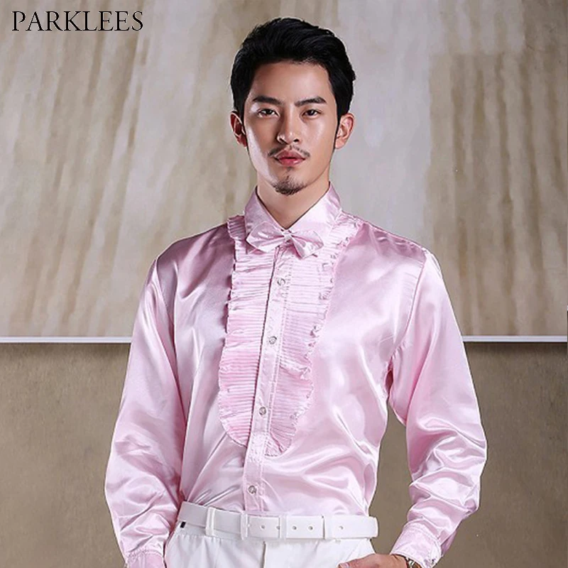 Pink Chest Ruffle Vintage Satin Shirt Men 2019 New Slim Fit Long Sleeve Chemise Homme Party Wedding Stage Clothing Camisa Hombre