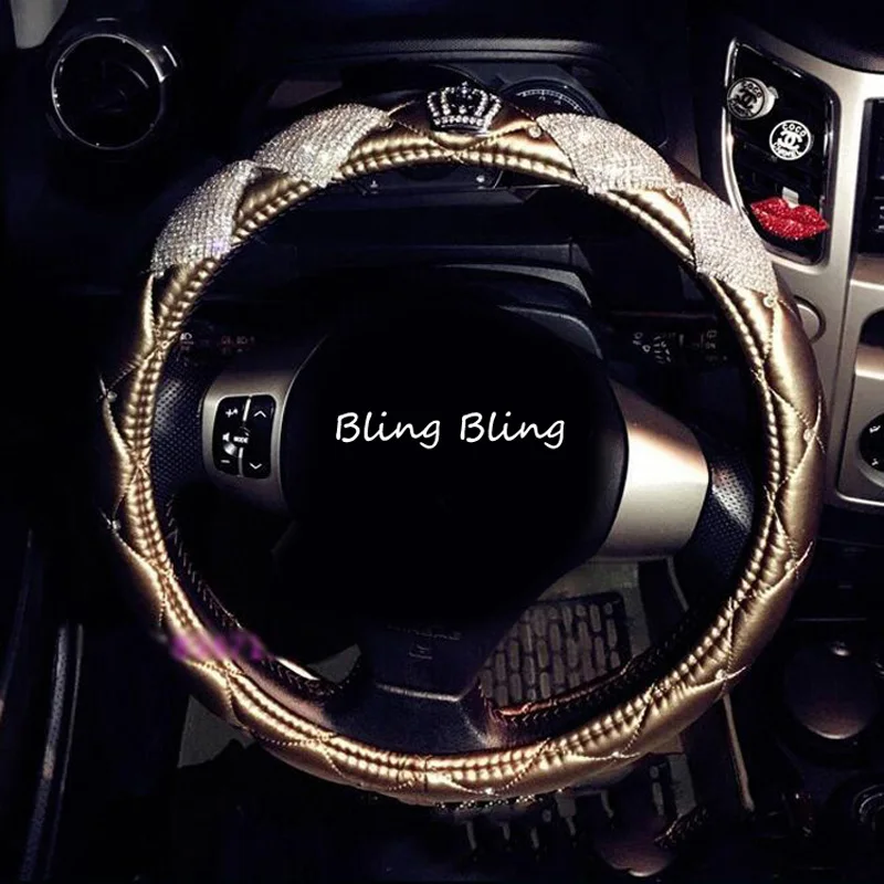 Luxury Crystal Crown Leather Car Steering Wheel Covers with Bling Bling Rhinestones for Girls Universal Car Interior Accessories