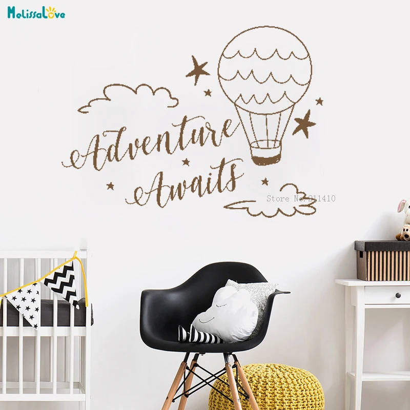 Adventure Awaits Wall Decal Nursery Clouds and Hotair Balloons Decoration Kids Boys Room Self-adhesive Lovely Cool Sticker YT959