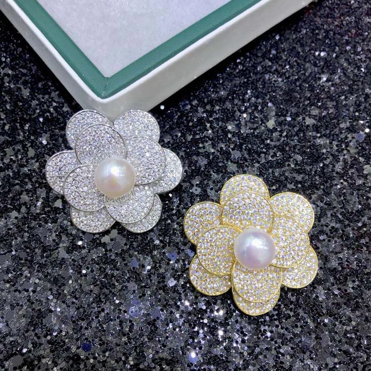 

Shinning Flower Pearl Brooch Base Full Rhinestones Breastpin Jewelry Accessory Women DIY Components 3Pieces/Lot