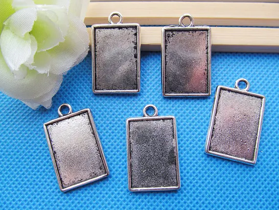 50pcs Antique Silver tone Rectangle Base Setting Tray Bezel Pendant Charm/Finding,fit 15mmx22mm Cabochon/Cameo,Double Same Side