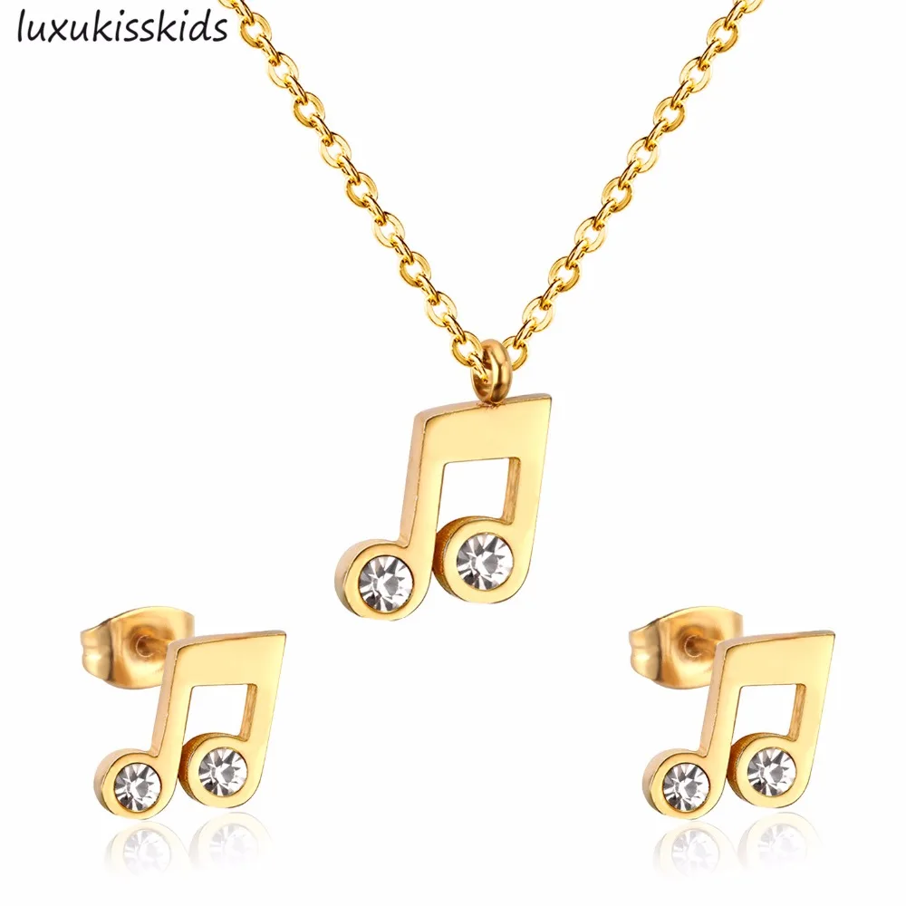 LUXUKISSKIDS Fashion Jewelry Sets Musical Note with Rhinestone Stainless Steel Golden Necklaces and Earrings Dubai/Indian Bijoux