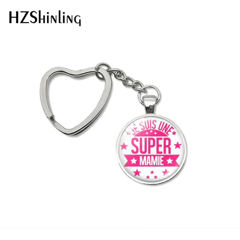 Fashion Super Mamie Quotes Heart Key Chains Holder Glass Dome Pendant je suis une Mamie Letter Design Keyring Keychanis Jewelry