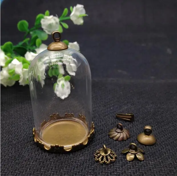 20sets/lot bell jar shape 38*25mm glass globe 25mm bronze crown base tray 8mm cap set glass bottle necklace pendant glass vials