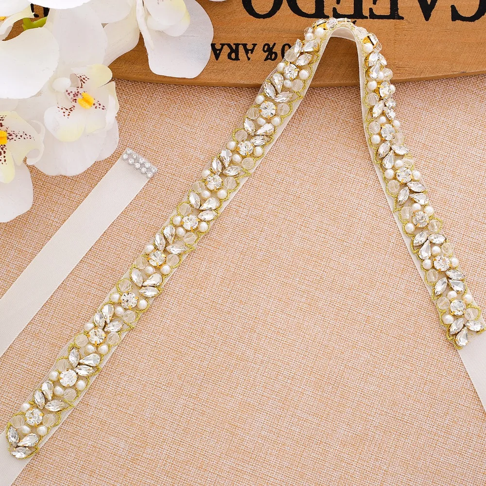 SESTHFAR Crystal Belt Rhinestone Wedding Belt Gold Belt Diamond Flower Belts Bridal Sash For Wedding Dresses