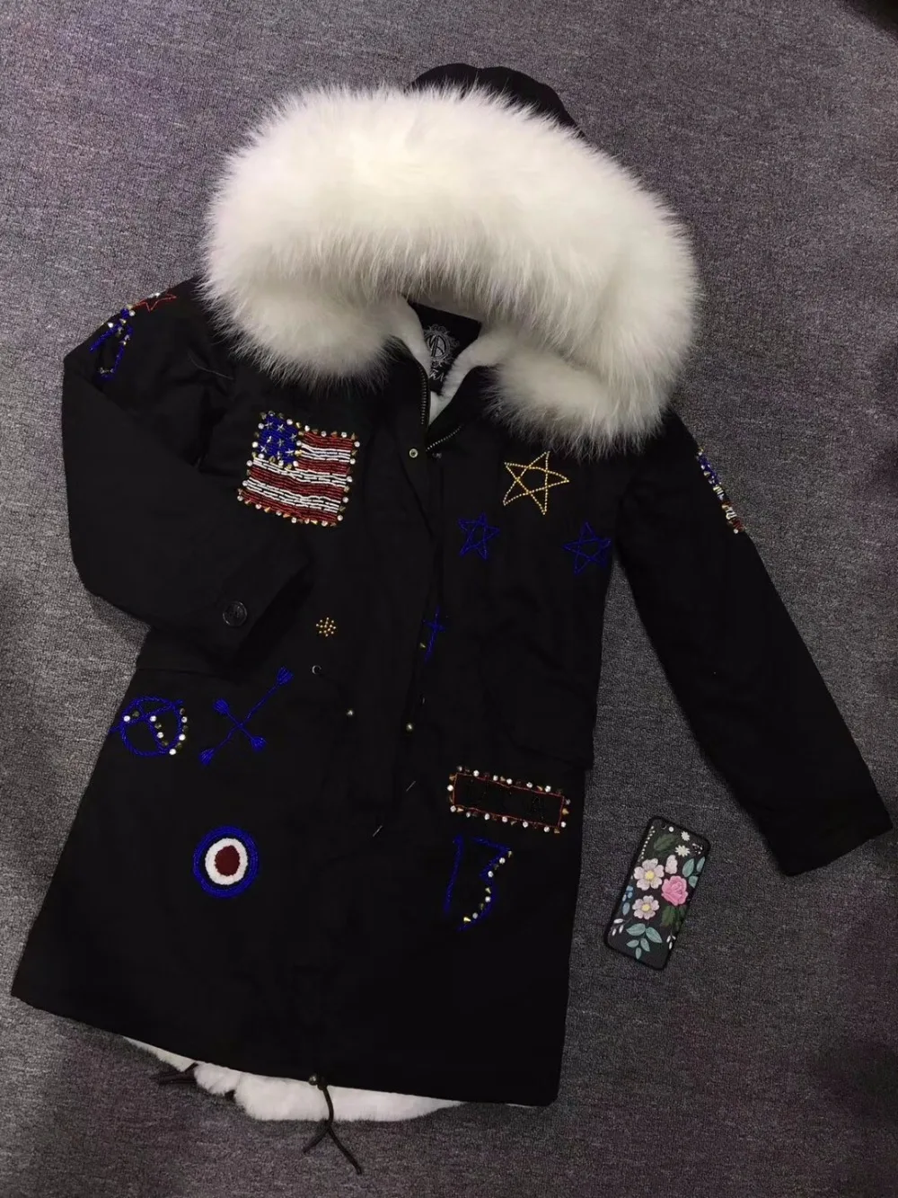 Black Shell US Embroidered Flag High Quality Beads Long Fur Parka Casual Unisex Winter White Fur Overcoat