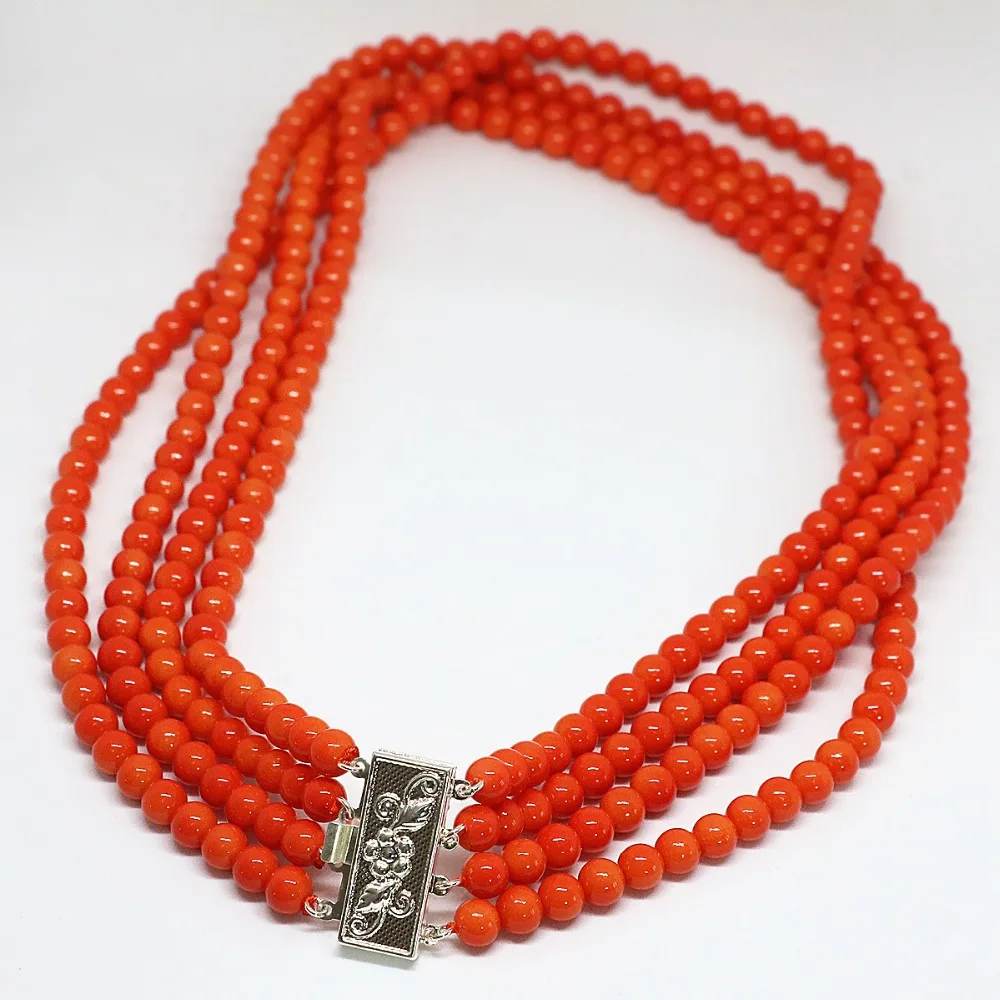 Newly amazing 4 rows imitation pink orange 6mm high grade round beads coral chain beauty necklace jewelry 17-20inch B1452