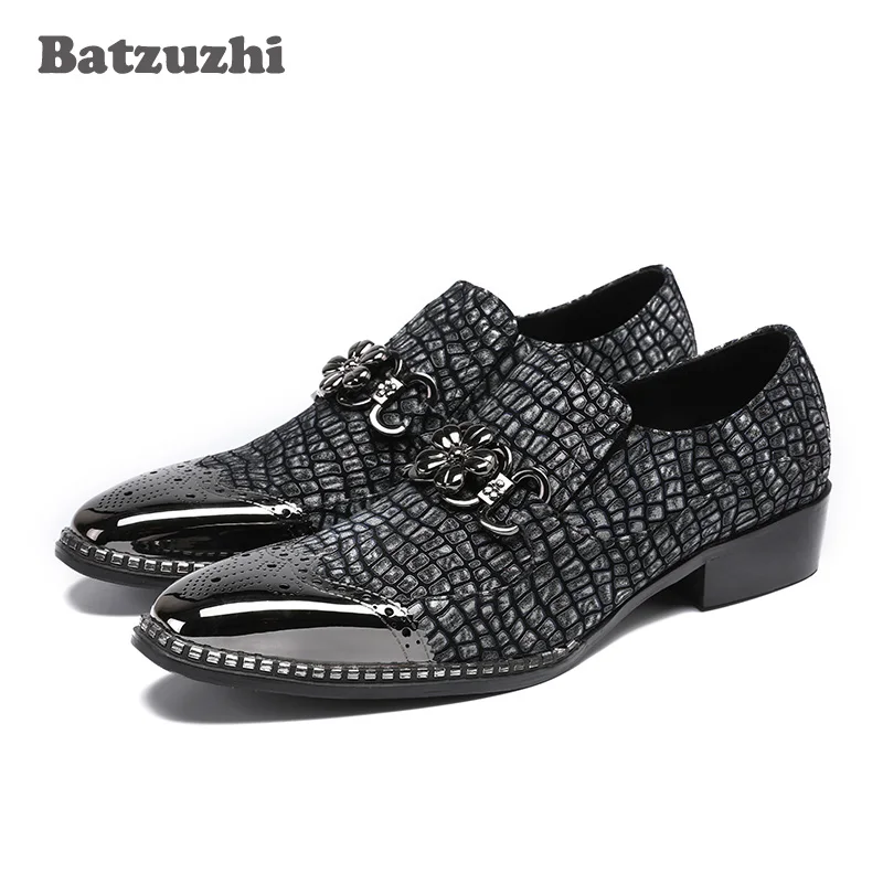 

Batzuzhi Italian Style Handmade Men Shoes Metal Tip Men Leather Shoes Crocodile Pattern Black Formal Dress Shoes Zapatos Hombre