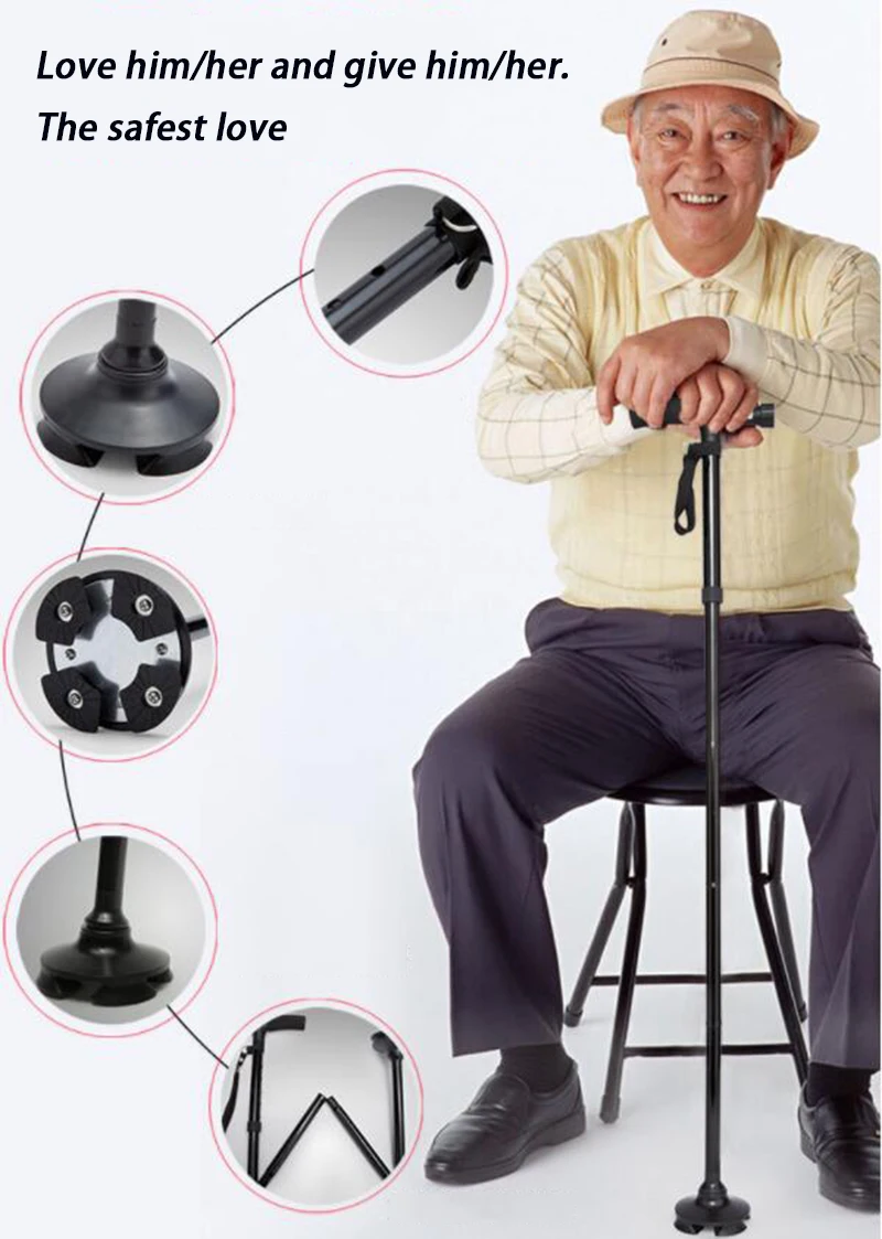 HANRIVER The new hot TV fold belt light aluminium crutch old four foot corners of multi-functional telescopic cane cane