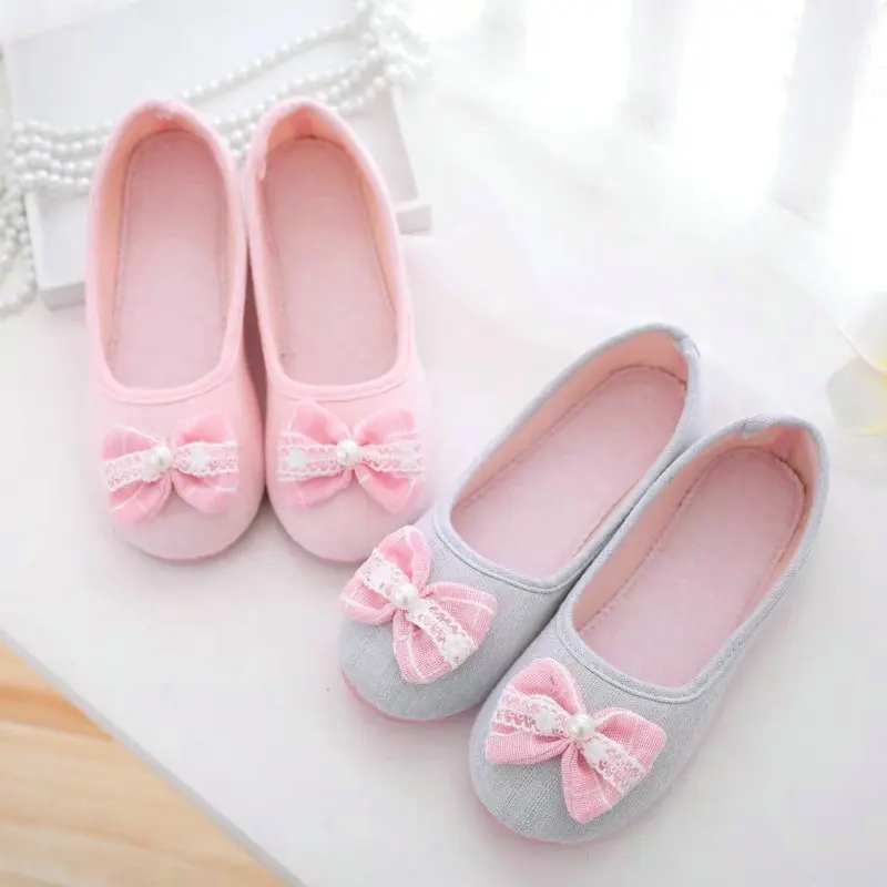 Lovely Bowtie Women Home Slippers For Indoor Bedroom House Soft Bottom Cotton Shoes Adult Guests Flat