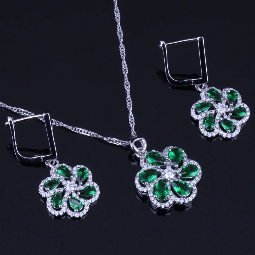 Charming Green Cubic Zirconia White CZ Silver Plated Jewelry Sets Earrings Pendant Chain V0017