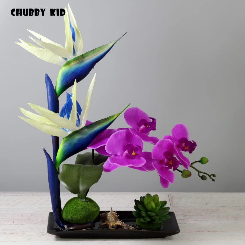 

High simulation bonsai Real touch artificial Phalaenopsis arrangements fake flower in ceramic pot bird of paradise Orchid suit