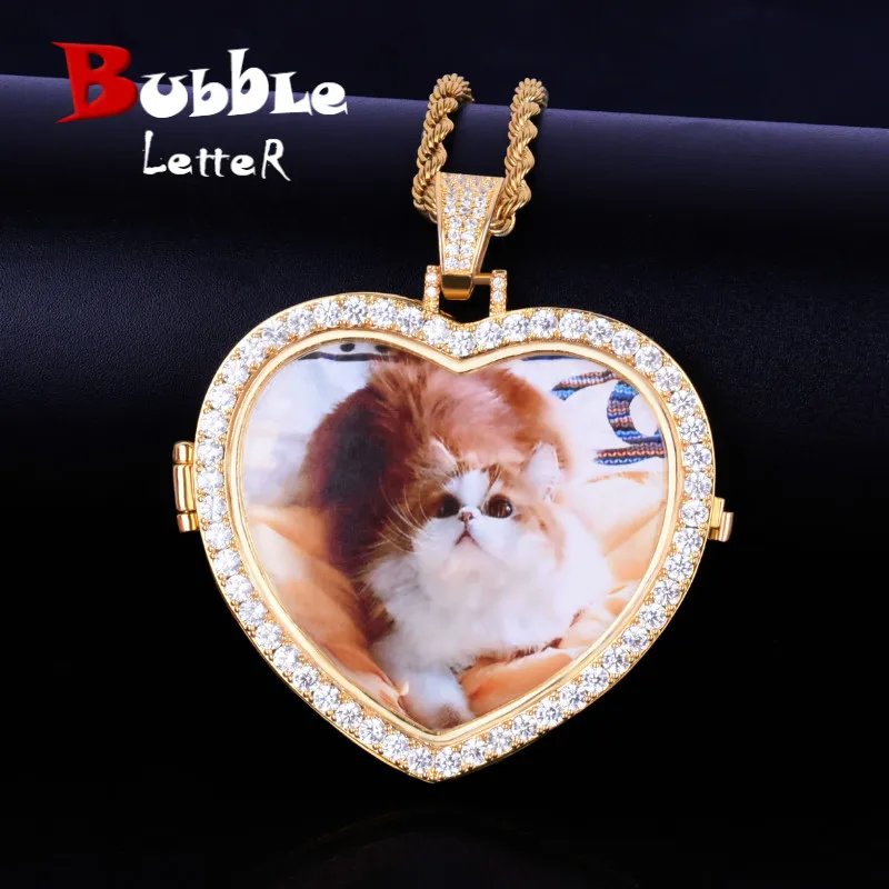 

Bubble Letter Custom Photo Projection Pendant Necklace Heart Personalized Picture Medallion Cubic Zircon Hip Hop Jewelry