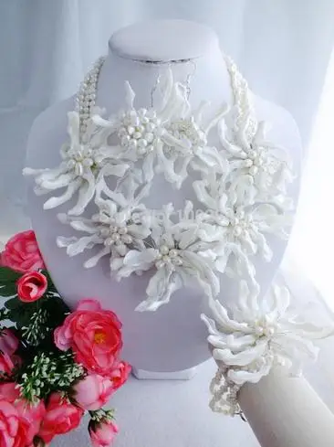 Wedding Flower Jewelry Set Fashion Beauiful Freshwater Pearl Shell Flower Necklace Bracelet Earrings Free Shipping