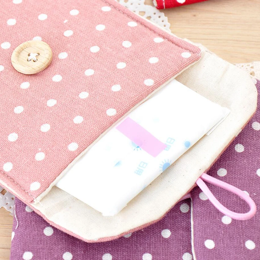 Girl Polka Dot Cotton Linen Sanitary Pad Organizer Purse Napkin Towel Storage Bags Cosmetic Pouch Case Sanitary Napkin Bag