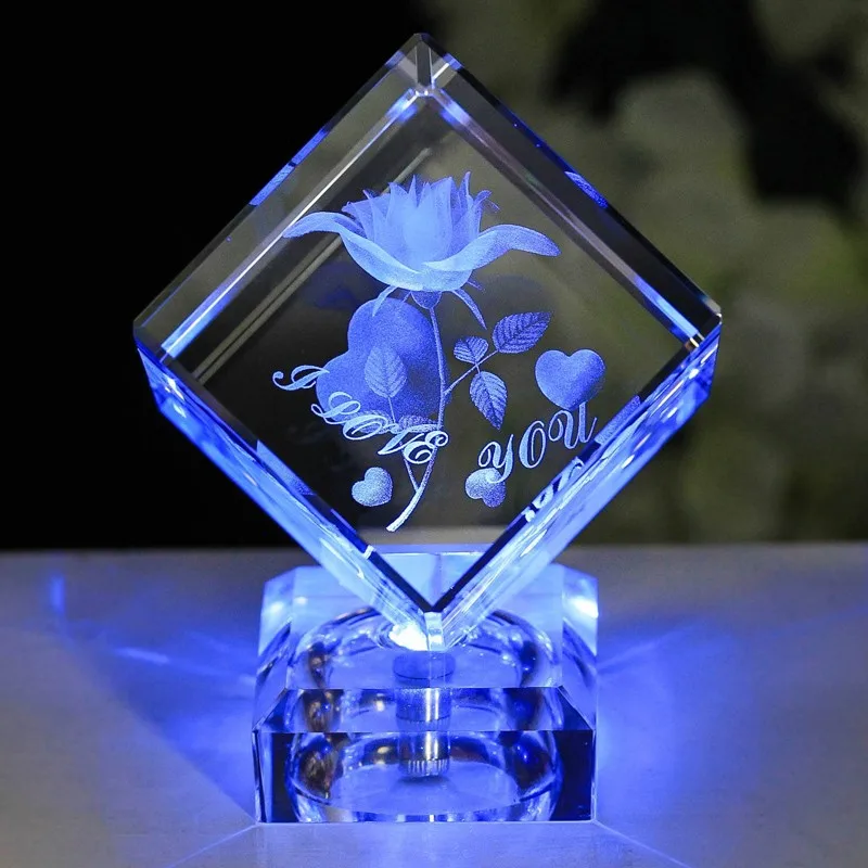 3D Laser K9 Crystal Rose Incisione Cubo LED Base Per il Giorno di san valentino Di Compleanno Regali di Anniversario di Nozze