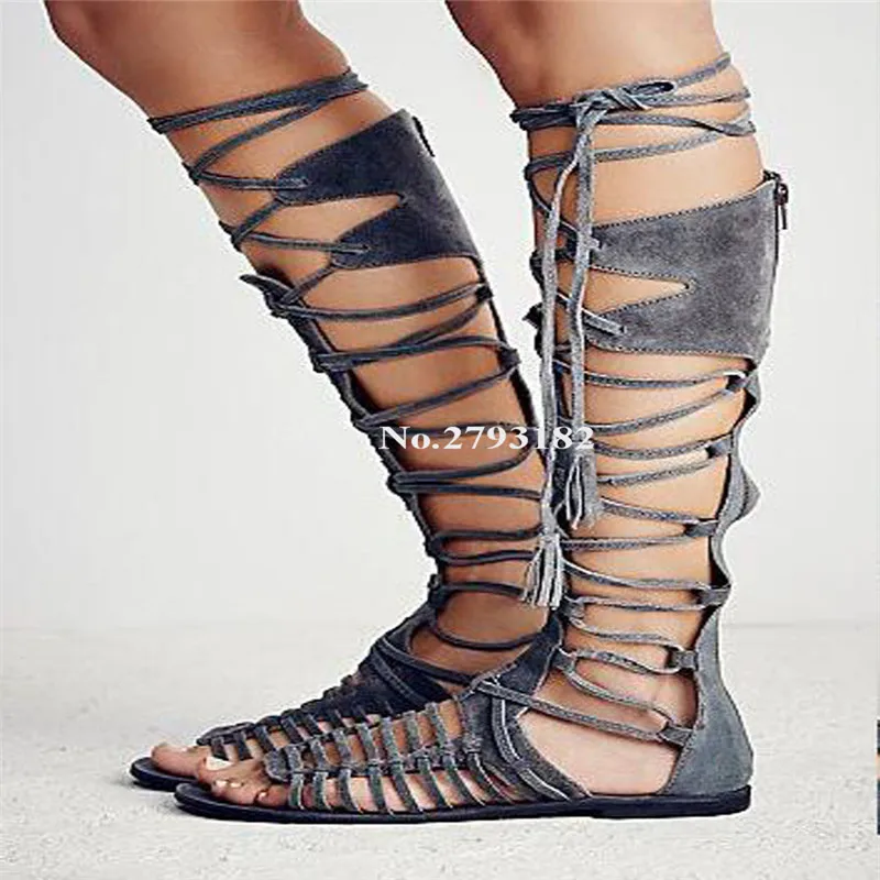 

Women New Fashion Open Toe Thin Straps Cross Knee High Flat Gladiator Boots Lace-up Grey Tassels Long Sandal Boots