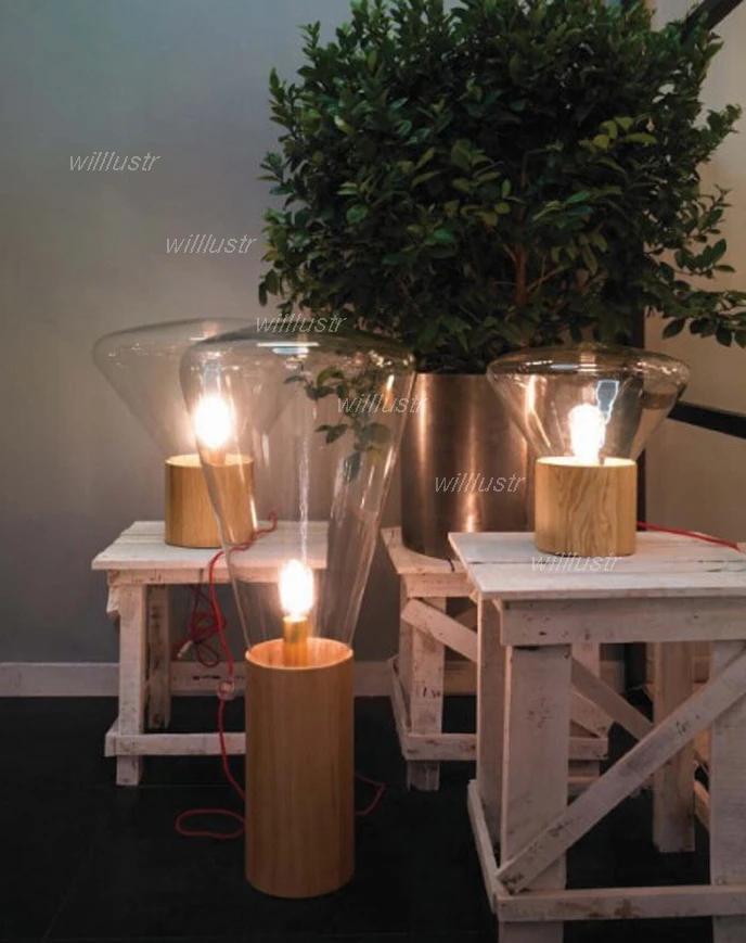 Willluster-木製ベースのモダンなテーブルライト、透明な煙、琥珀色、ガラスシェード、北欧デザイン、デスクランプ、ビンテージバルブ