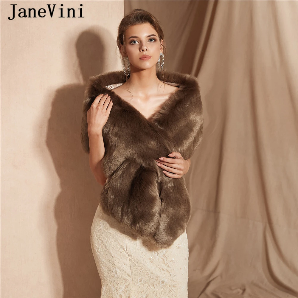 

JaneVini Elegant Winter Bridal Bolero Faux Fur Shawls and Wraps Warm Women Cape Cloak Formal Party Accessories Fourrure Mariage