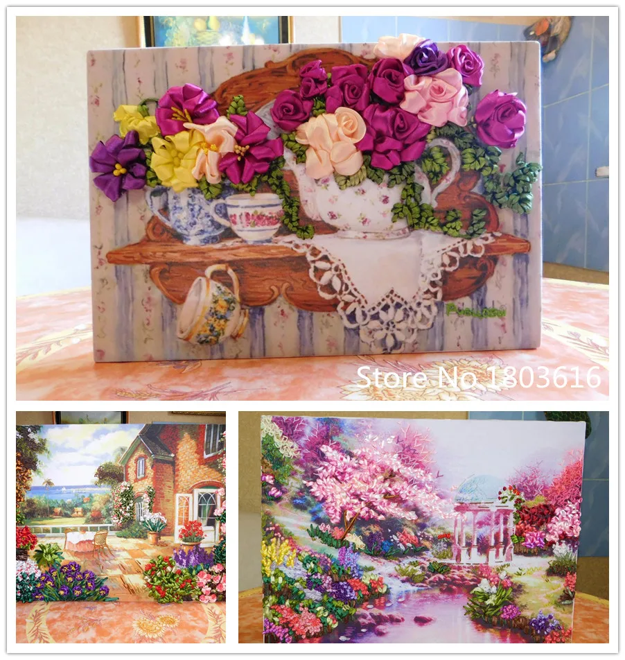 Needlework,DIY Ribbon Cross stitch Sets for Embroidery kit,Garden Lake Flowers landscape bands embroidery wedding gift handwork