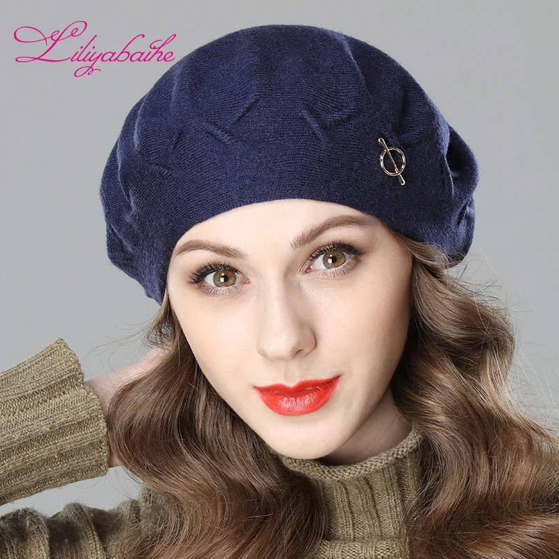 Liliyabaihe New women winter hat Wool knit berets, caps latest popular decoration solid colors fashion lady hat