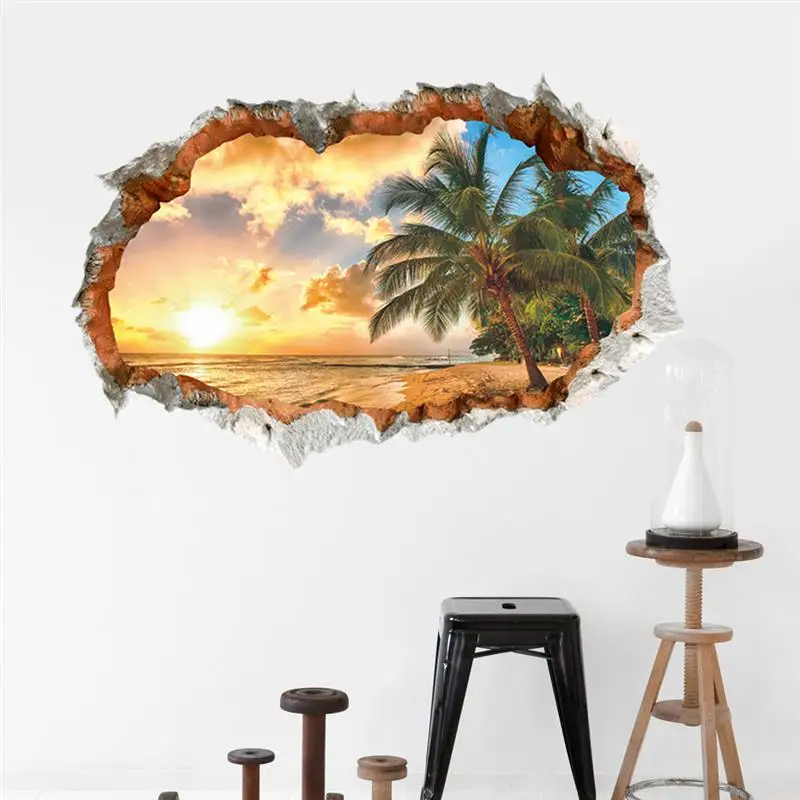 Seabeach Sunset Coconut Tree Wall Stickers For Office Shop Home Art Pvc Wall Decals Decoration Diy 3d Broken Hole Scenery Mural