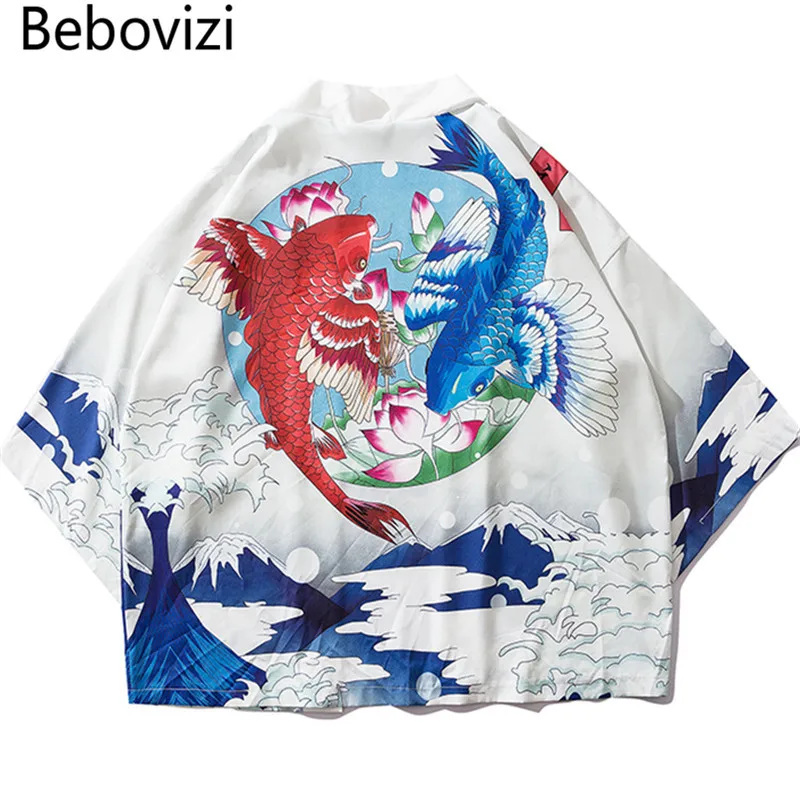 Bebovizi 2019 Japanese Style Koi Printed Cardigan Kimono Summer Loose Thin Robe Mens Harajuku Streetwear White Jacket Coat