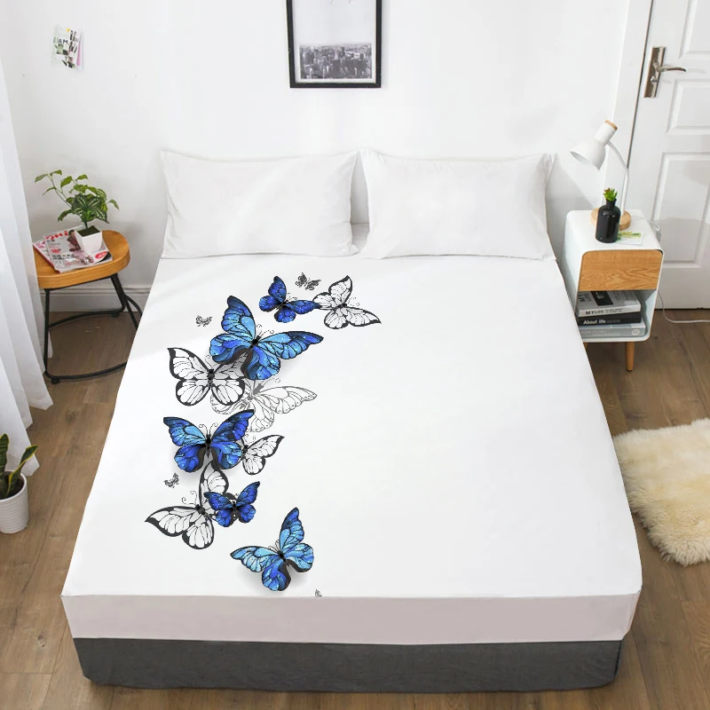 

3D HD Digital Printing Custom Bed Sheet With Elastic,Fitted Sheet Twin King,White butterfly Bedding Mattress Cover 160x200