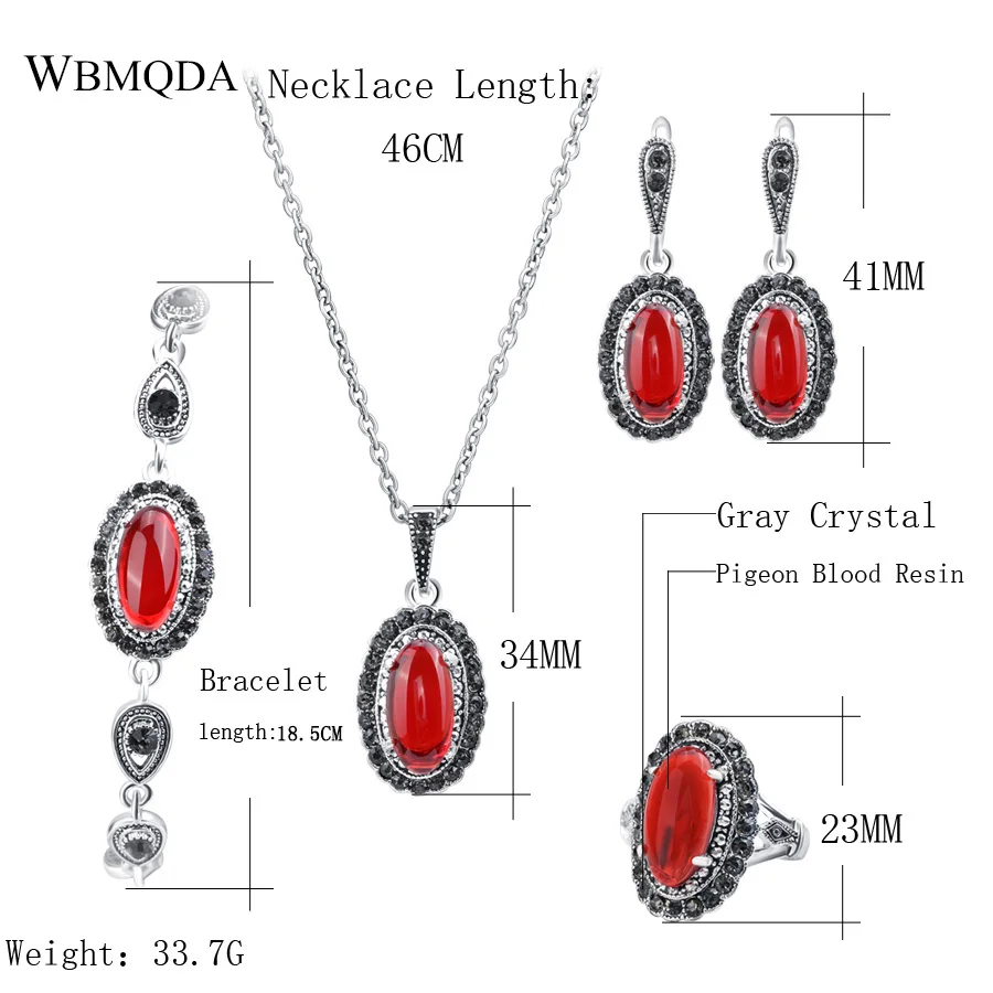 4 Pcs/lot New 2018 Vintage Tibetan Silver Color Jewelry Sets Retro Red Pendant Necklace And Earrings Bracelet Ring For Women