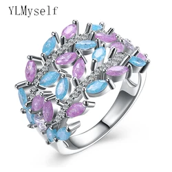 Blue Pink zirconia leaf jewelry Luxury Accessories dropshipping Fashion jewellery women rings New Fancy color ring