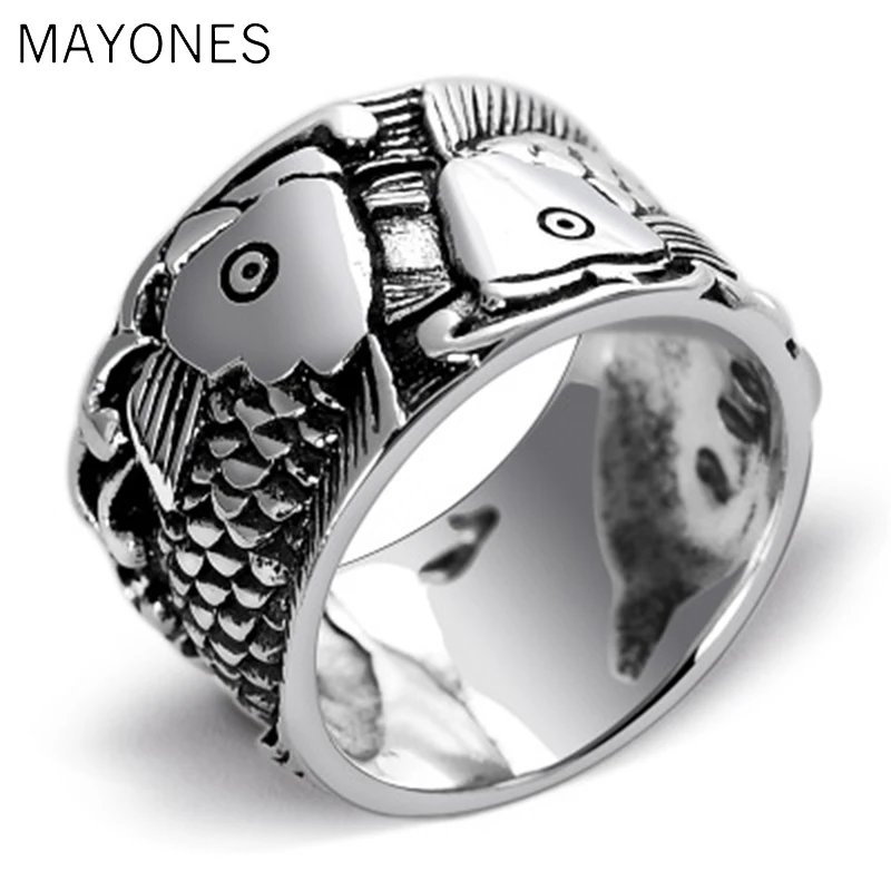 MAYONES Genuine 925 Sterling Silver Jewelry Engraved Double Fish Rings For Women and Men Lovers Couples Gift