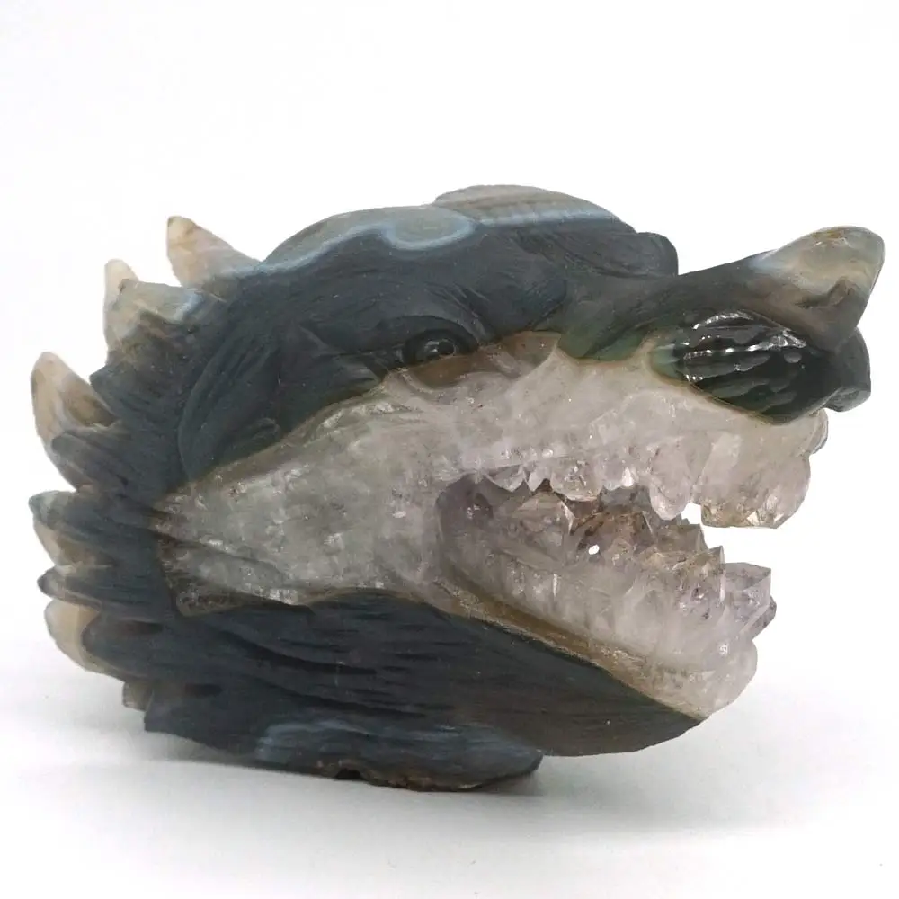 Wolf Head Statue Natural Gemstone Geode Agate Carved Figurine Home Ornament5.27