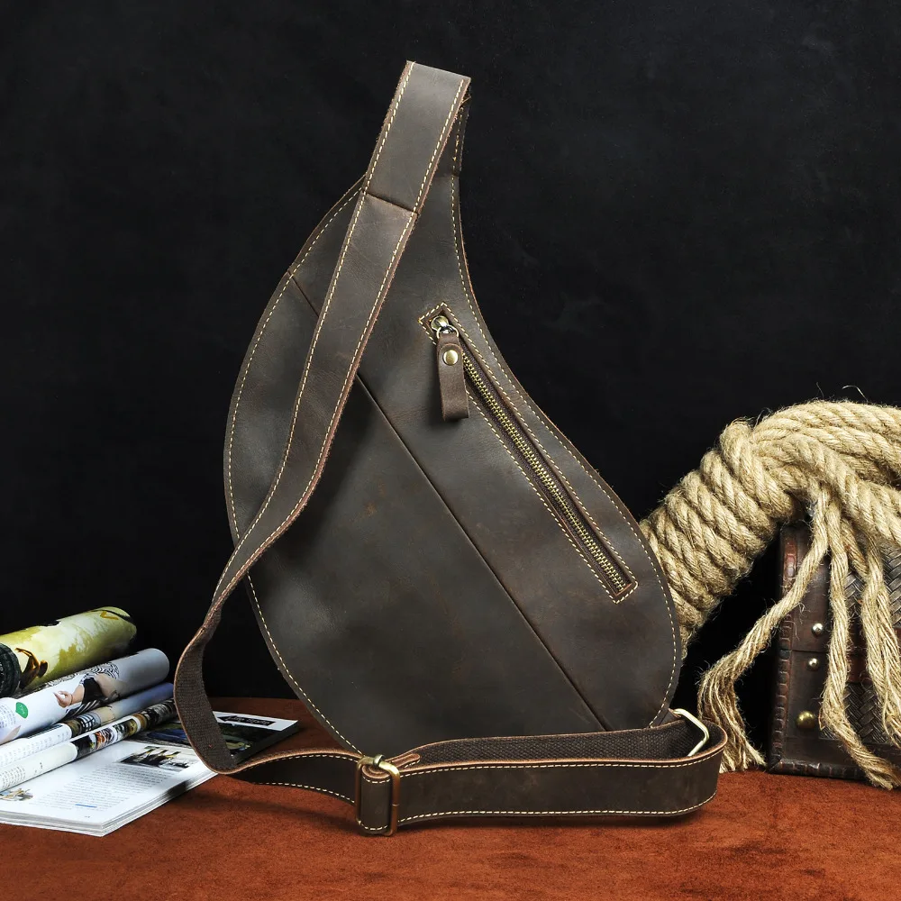 Men Crazy Horse Leather Vintage Casual Fashion Travel Chest Bag Sling Bag Design One Shoulder Bag Crossbody Bag For Male 9918