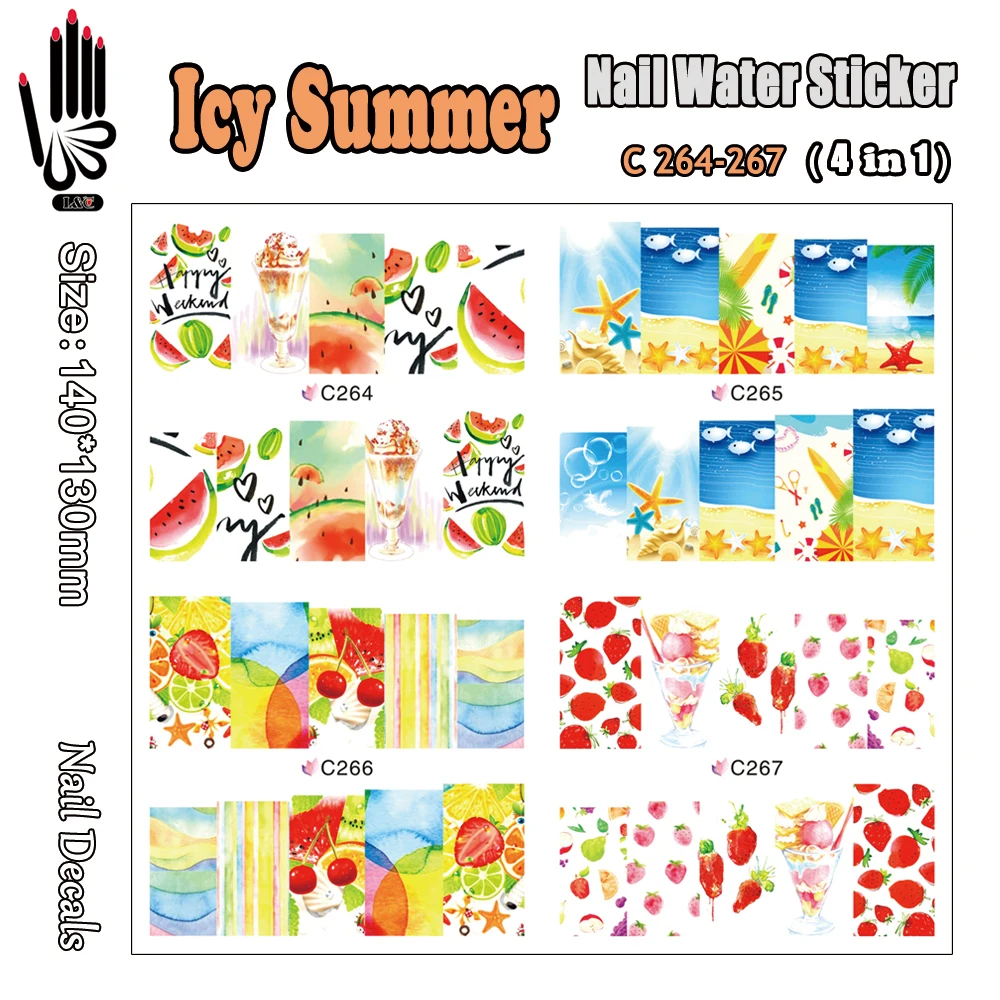 4 Sheets/Lot Nail Decal C264-267 Icy Summer Fruits Nail Art Wrap Water Sticker for Nail Art Accessories(4 DESIGNS IN 1)