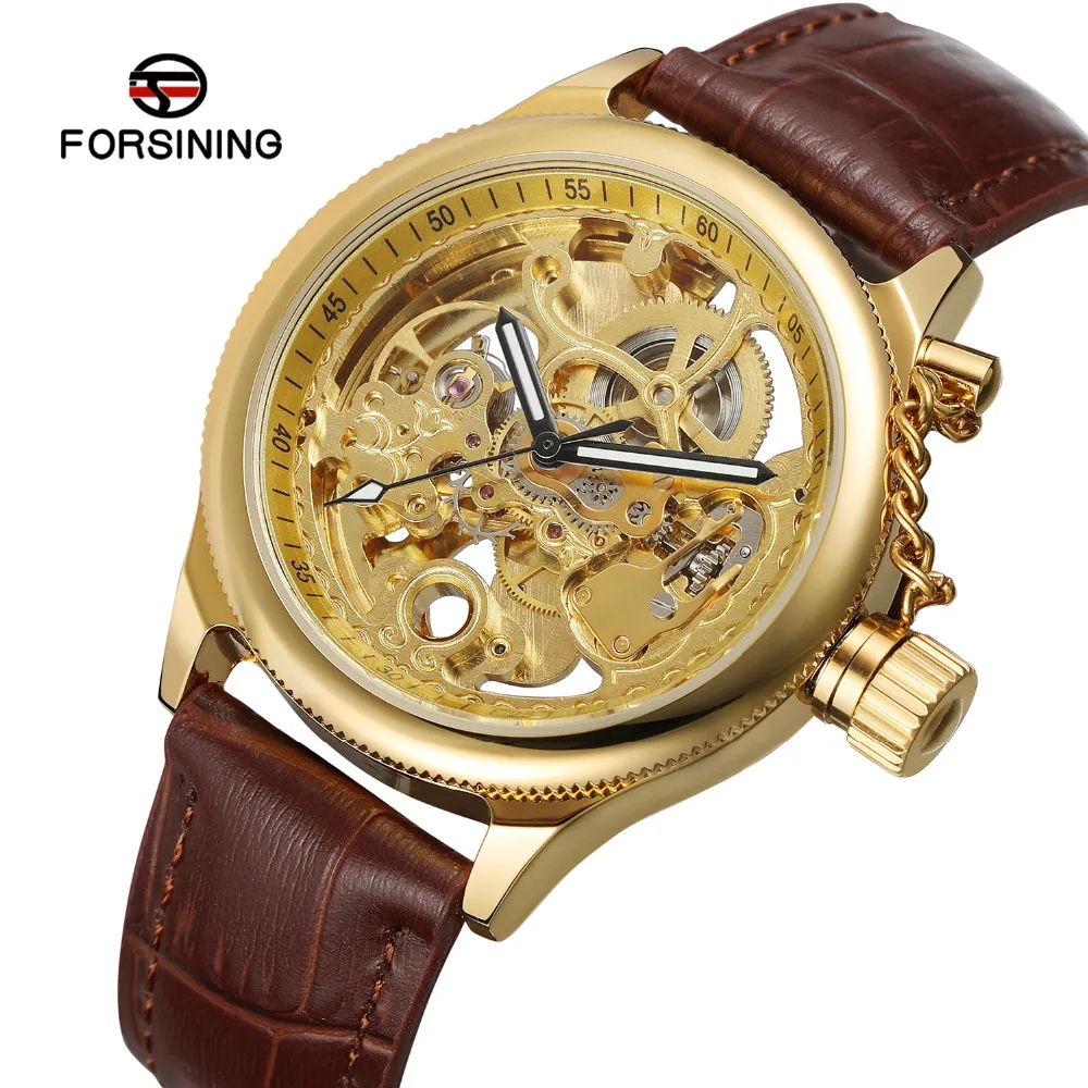 

Men's Luxury Top Brand Automatic Self-wind Skeleton Anglogue Dial Watch With Genuine Leather Band Best Gift Gold Clock