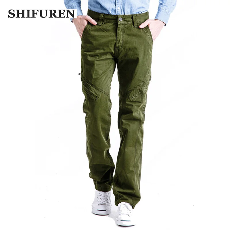 

SHIFUREN New Men Cargo Pants Casual Cotton Loose Straight Trousers Plus Size 29-38 Multi Pockets Military Overalls No Belt