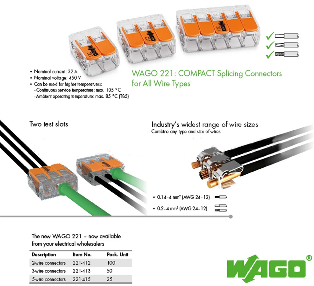 25pcs 221-415 Original connector, led splice, COMPACT Splicing Connectors; 5-conductor connector