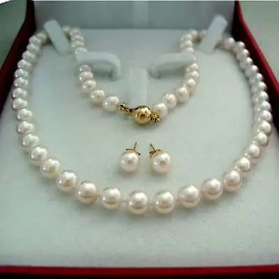 

8-9mm White Akoya Cultured Pearl necklace earring set watch wholesale Quartz stone CZ crystal 45cm