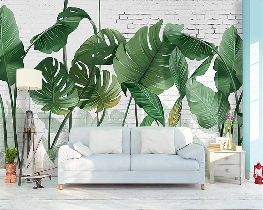 Custom wallpaper, Nordic hand-painted brick wall plant banana leaf long style living room TV background 3d wallpaper