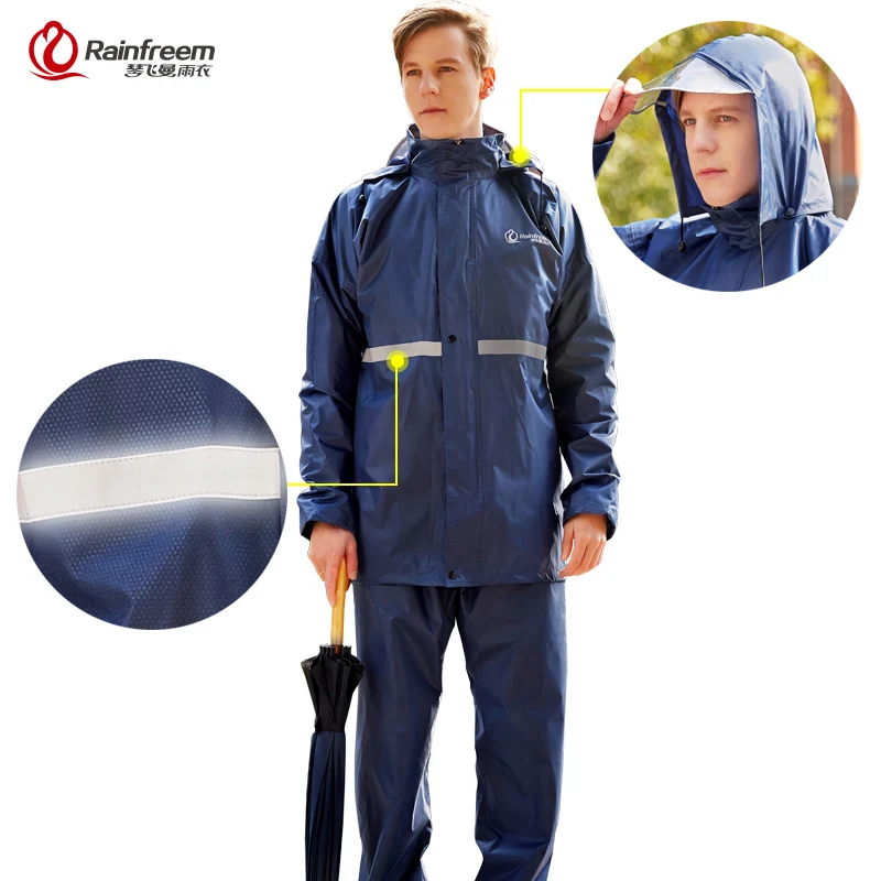 Rainfreem Raincoat Suit Impermeable Women/Men Hooded Motorcycle Poncho S-6XL Hiking Fishing Rain Gear