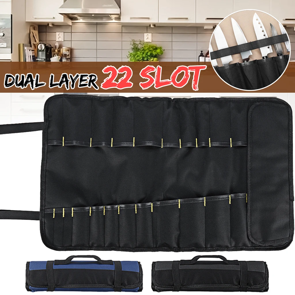 22 Slots Portable Black Chefs Knife Roll Bag Professional Oxford Cloth Cutlery Knives Holder Protector Kitchen Cooking Tools