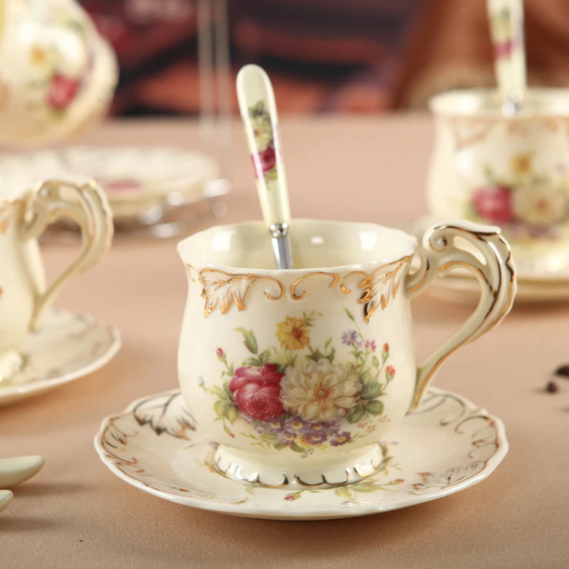 European Style Tea Set Ceramic Rose Coffee Cup Suit British Style High-Grade Ivory China Coffee Cup And Saucer with Spoon