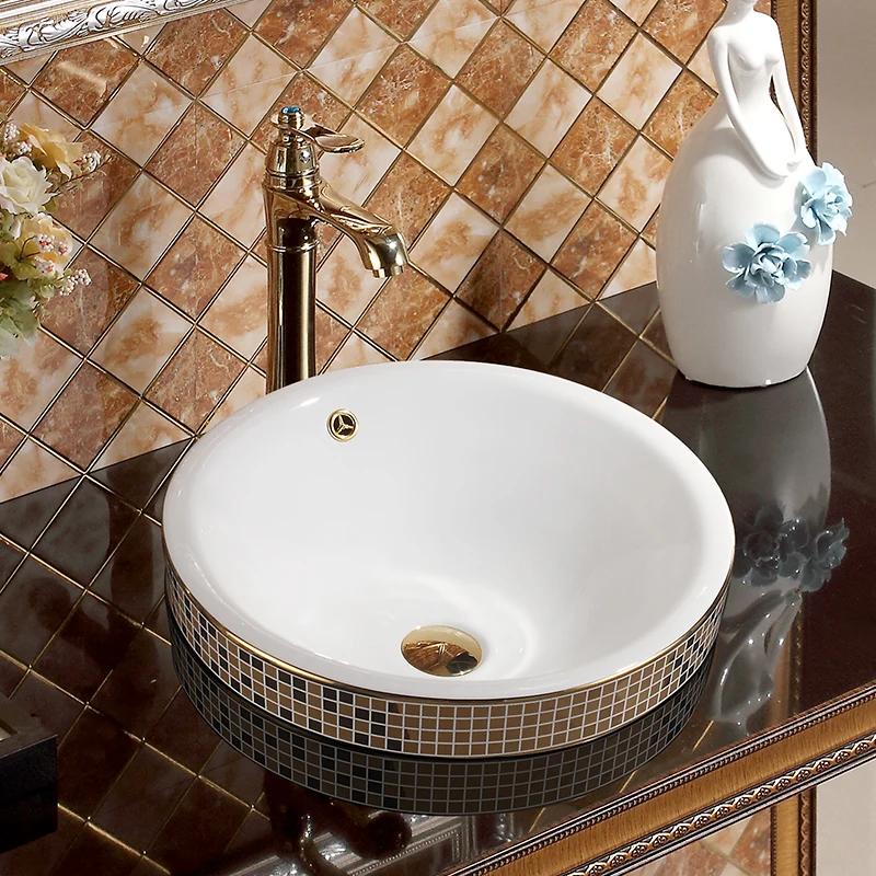 Chinese Gold Mosaic Ceramic Round Semi Countertop Bathroom Sink Art Basin With Overflow sinks bathroom porcelain