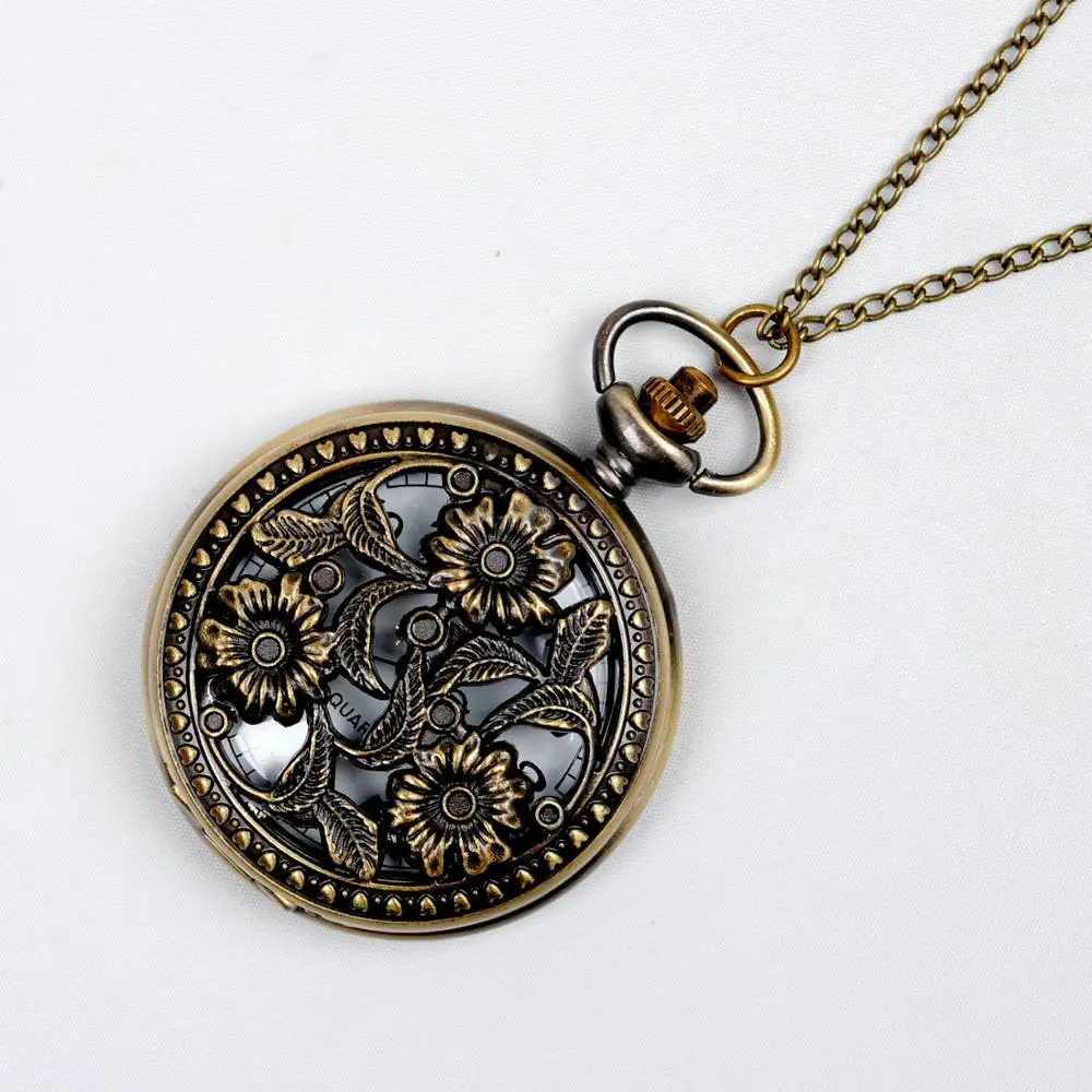 Nostalgia Retro Three Lotus Pocket Watch Fashion Personality  Chain Classic Retro Pocket Watch With Necklace 8180