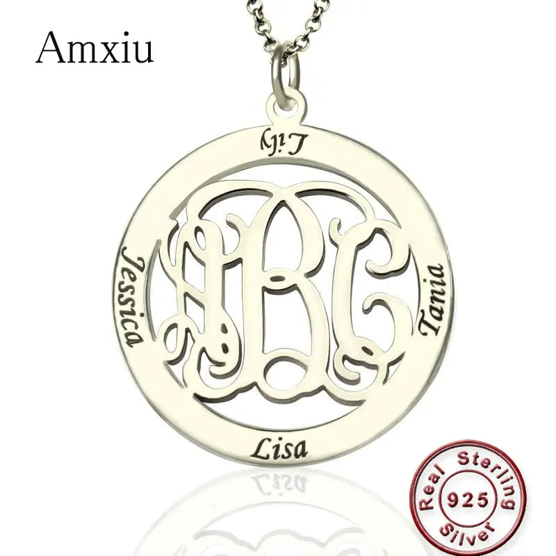 

Amxiu Custom 925 Silver Round Pendant Necklace Engrave 1-3 Letter Initials and 4 Names Monogram Necklace For Women Mother's Gift