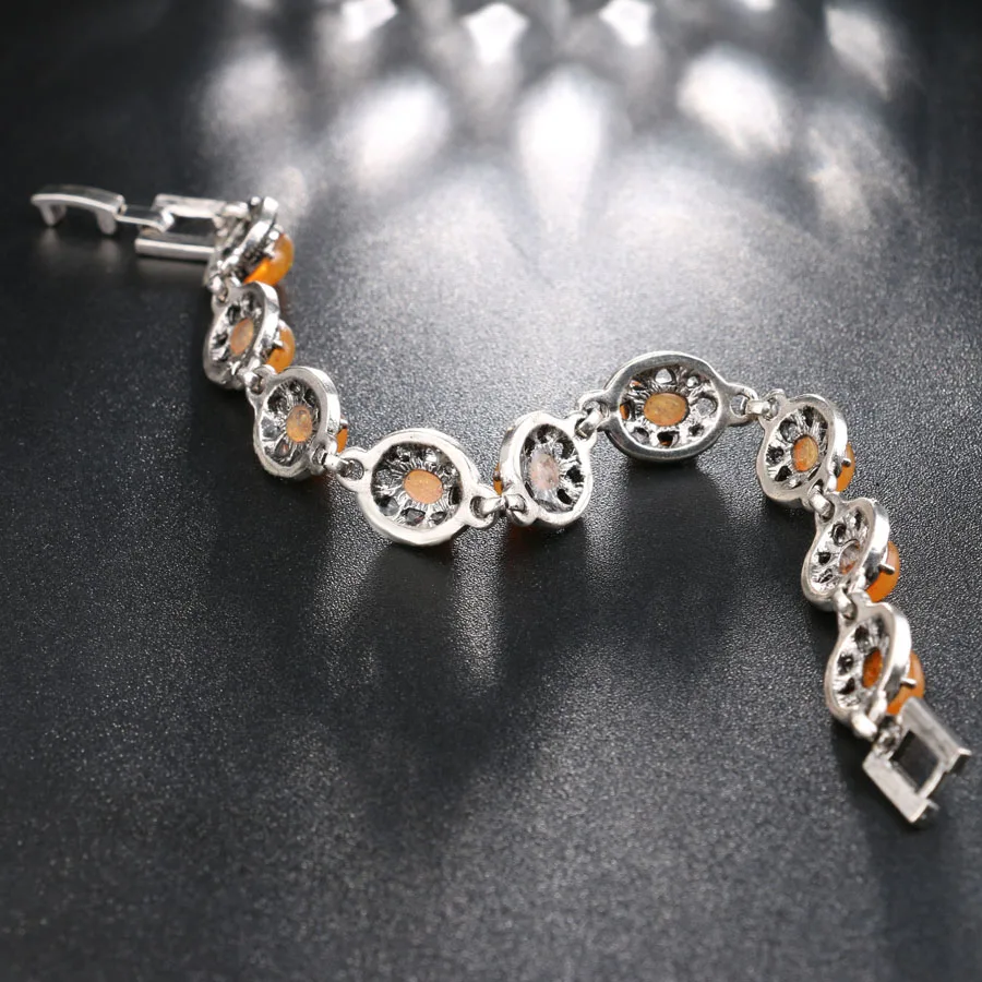 Wbmqda 2018 New Vintage Orange Opal Oval Beads Bracelet Silver Color AAA Crystal Bracelets For Women Fashion Party Jewelry Gift