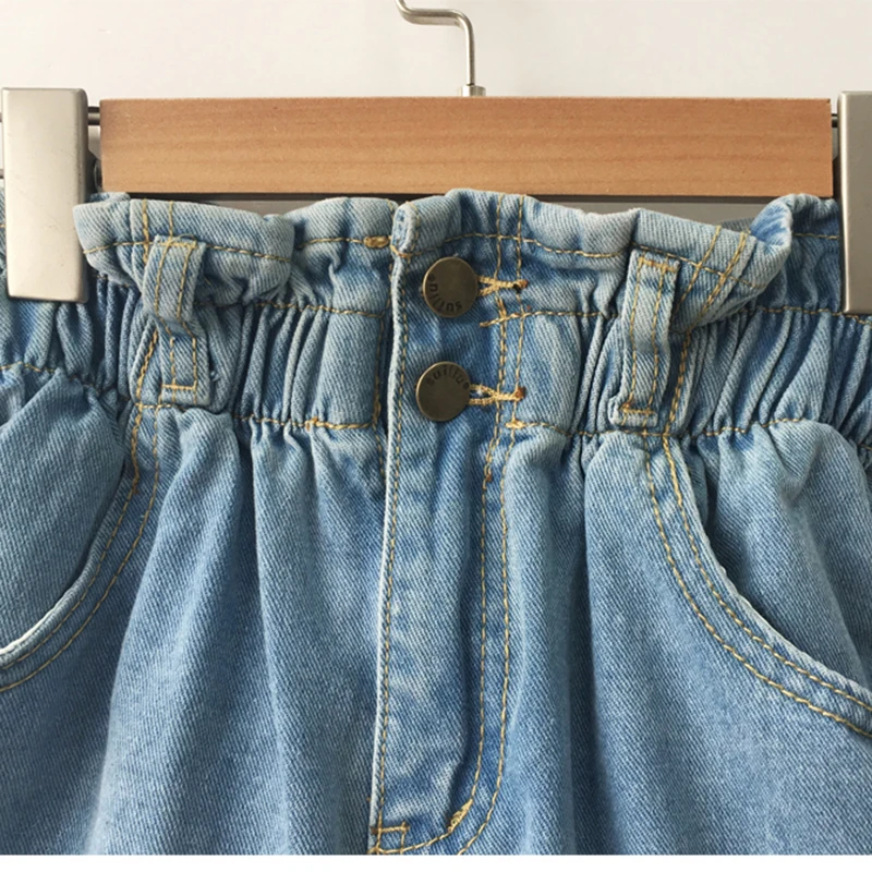 Short en jean taille haute pour femme, jean décontracté, ourlet retroussé, taille élastique, poche, bleu, blanc, mode femme, été, 2023